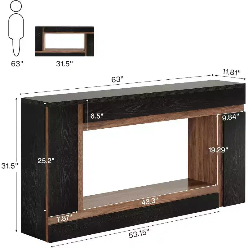 Consolle da 63 pollici per Ingresso, Tavolo da Divano a 2 Livelli in Legno Dietro il Divano per Corridoio, Foyer, Porta d'Ingresso, Soggiorno, Nero e Noce