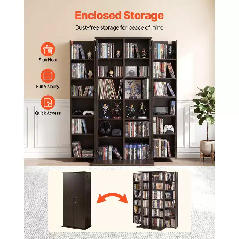 Mobiletto per archiviazione multimediale, scaffale porta DVD a 6 ripiani, organizzatore multimediale 24.02 x 14.49 x 50 pollici per CD, DVD, libri, giochi, marrone