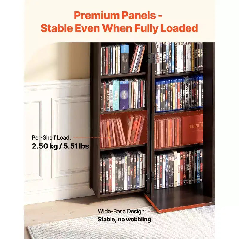 Mobiletto per archiviazione multimediale, scaffale porta DVD a 6 ripiani, organizzatore multimediale 24.02 x 14.49 x 50 pollici per CD, DVD, libri, giochi, marrone