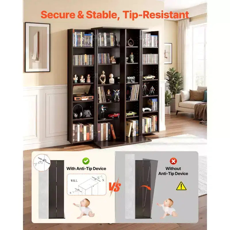 Mobiletto per archiviazione multimediale, scaffale porta DVD a 6 ripiani, organizzatore multimediale 24.02 x 14.49 x 50 pollici per CD, DVD, libri, giochi, marrone