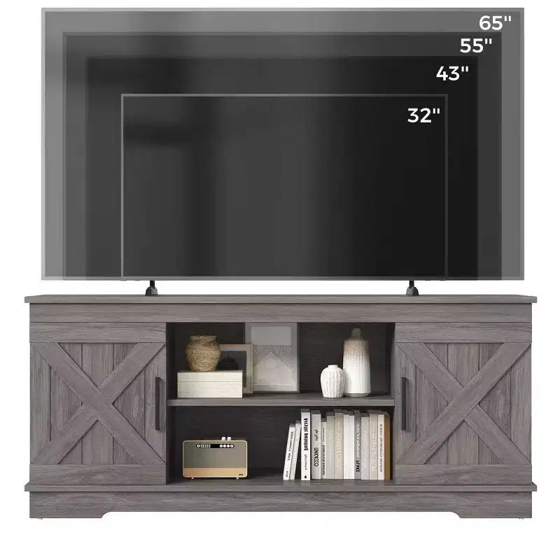 Mobile TV in Stile Modern Farmhouse da 58'' per TV fino a 65'' - Grigio Naturale, Capacità 90 kg, Ripiani Regolabili