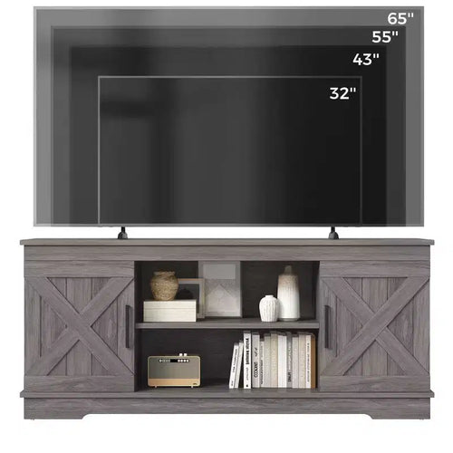 Mobile TV in Stile Modern Farmhouse da 58'' per TV fino a 65'' - Grigio Naturale, Capacità 90 kg, Ripiani Regolabili
