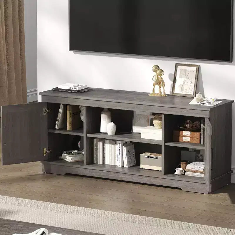 Mobile TV in Stile Modern Farmhouse da 58'' per TV fino a 65'' - Grigio Naturale, Capacità 90 kg, Ripiani Regolabili