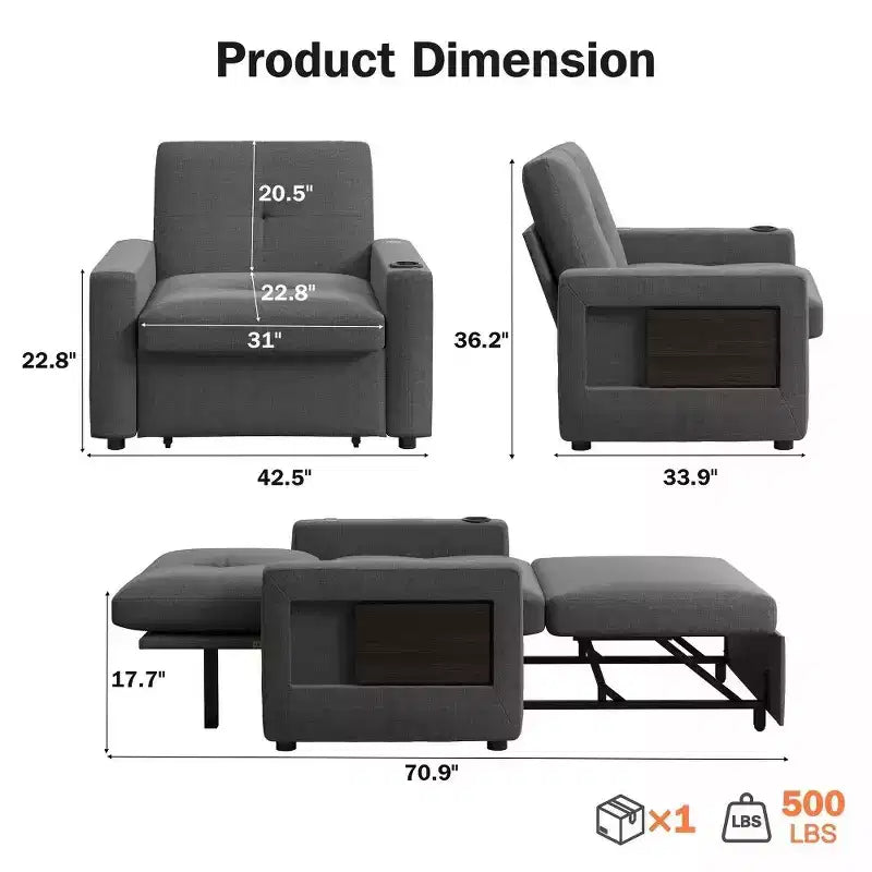 Divano letto convertibile 42,5" - Poltrona letto estraibile con schienale regolabile, porte di ricarica USB, portabicchieri