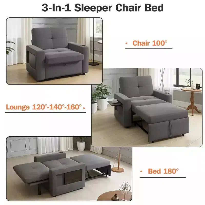 Divano letto convertibile 42,5" - Poltrona letto estraibile con schienale regolabile, porte di ricarica USB, portabicchieri