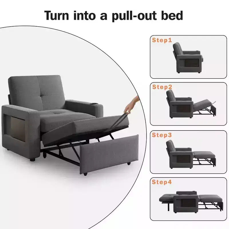 Divano letto convertibile 42,5" - Poltrona letto estraibile con schienale regolabile, porte di ricarica USB, portabicchieri
