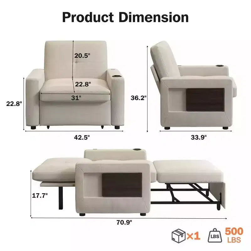 Divano letto convertibile 42,5" - Poltrona letto estraibile con schienale regolabile, porte di ricarica USB, portabicchieri