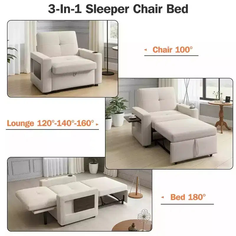 Divano letto convertibile 42,5" - Poltrona letto estraibile con schienale regolabile, porte di ricarica USB, portabicchieri