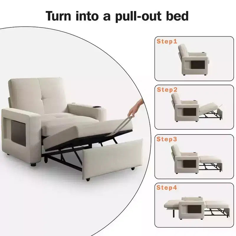 Divano letto convertibile 42,5" - Poltrona letto estraibile con schienale regolabile, porte di ricarica USB, portabicchieri