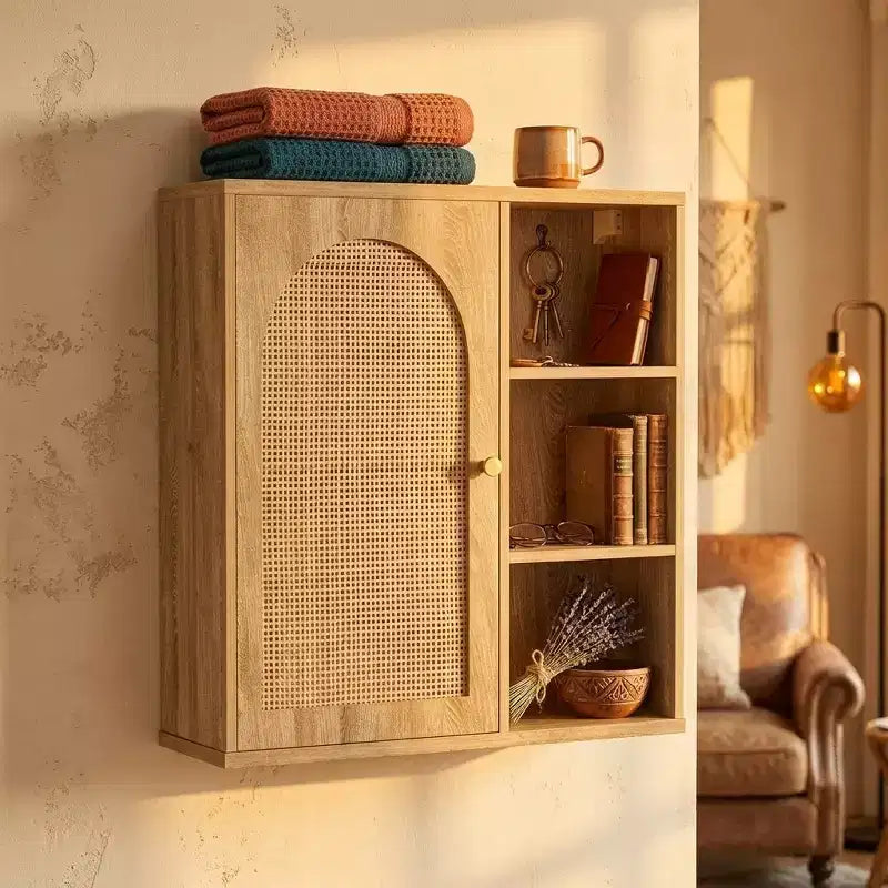 Mobile pensile da parete boho in rattan, Anta ad arco, Ripiano a giorno, Mobiletto da bagno