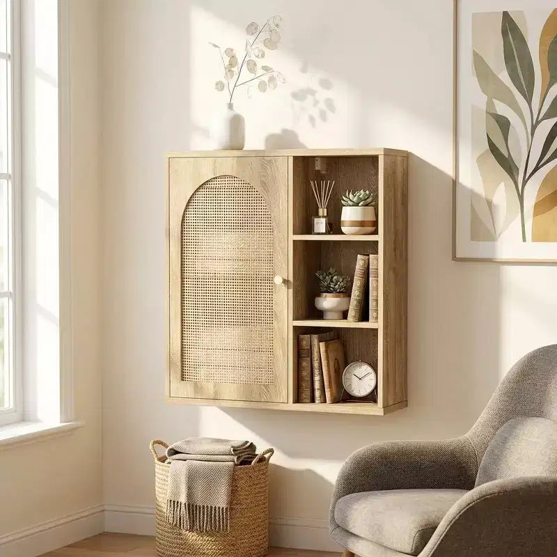 Mobile pensile da parete boho in rattan, Anta ad arco, Ripiano a giorno, Mobiletto da bagno