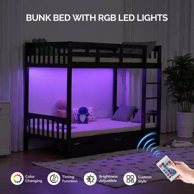 Letto a castello singolo in legno massello nero con stazione di ricarica, LED RGB, 2 cassetti, ringhiera di sicurezza e scale, convertibile in 2 letti separati