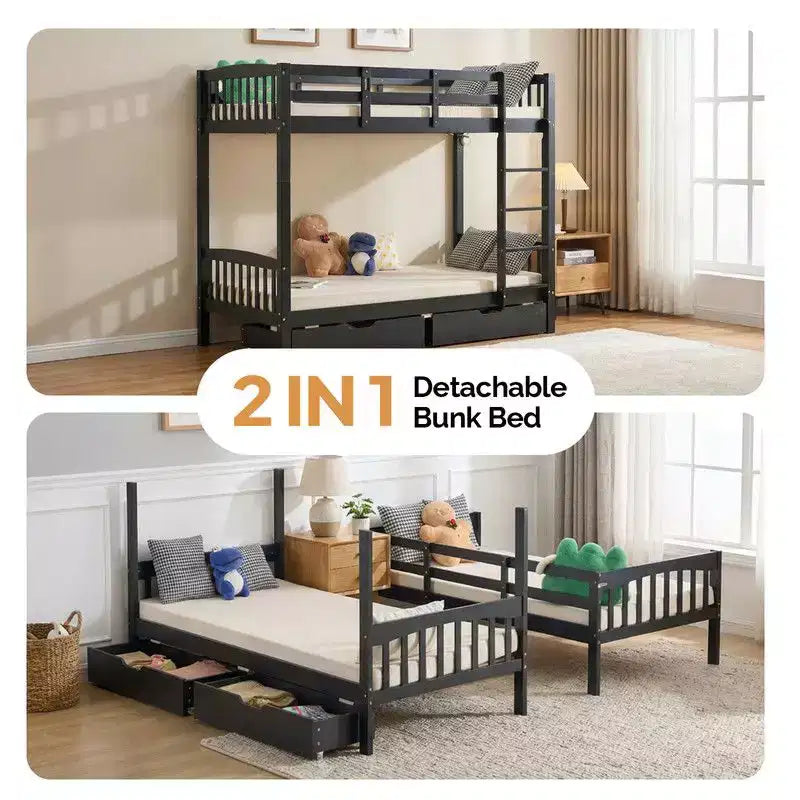 Letto a castello singolo in legno massello nero con stazione di ricarica, LED RGB, 2 cassetti, ringhiera di sicurezza e scale, convertibile in 2 letti separati