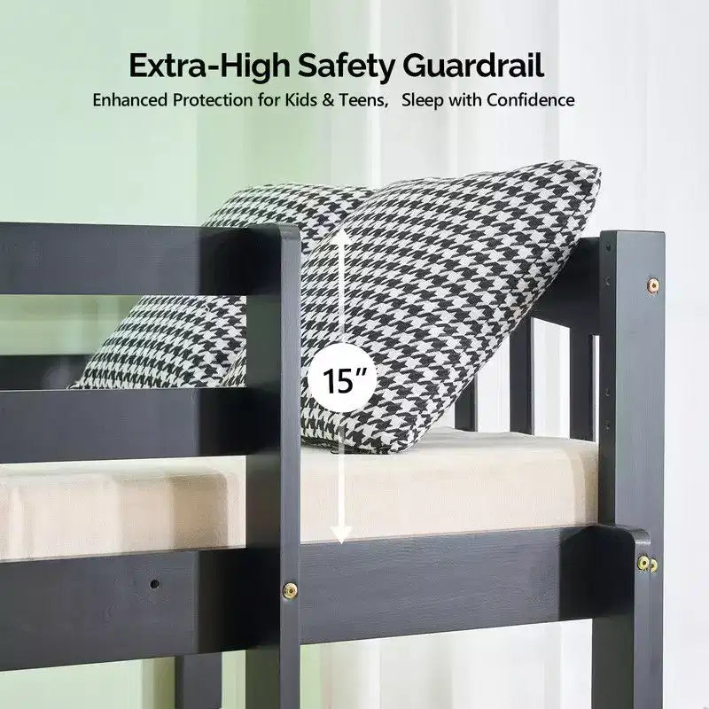 Letto a castello singolo in legno massello nero con stazione di ricarica, LED RGB, 2 cassetti, ringhiera di sicurezza e scale, convertibile in 2 letti separati