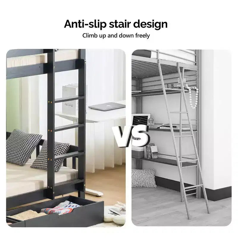 Letto a castello singolo in legno massello nero con stazione di ricarica, LED RGB, 2 cassetti, ringhiera di sicurezza e scale, convertibile in 2 letti separati