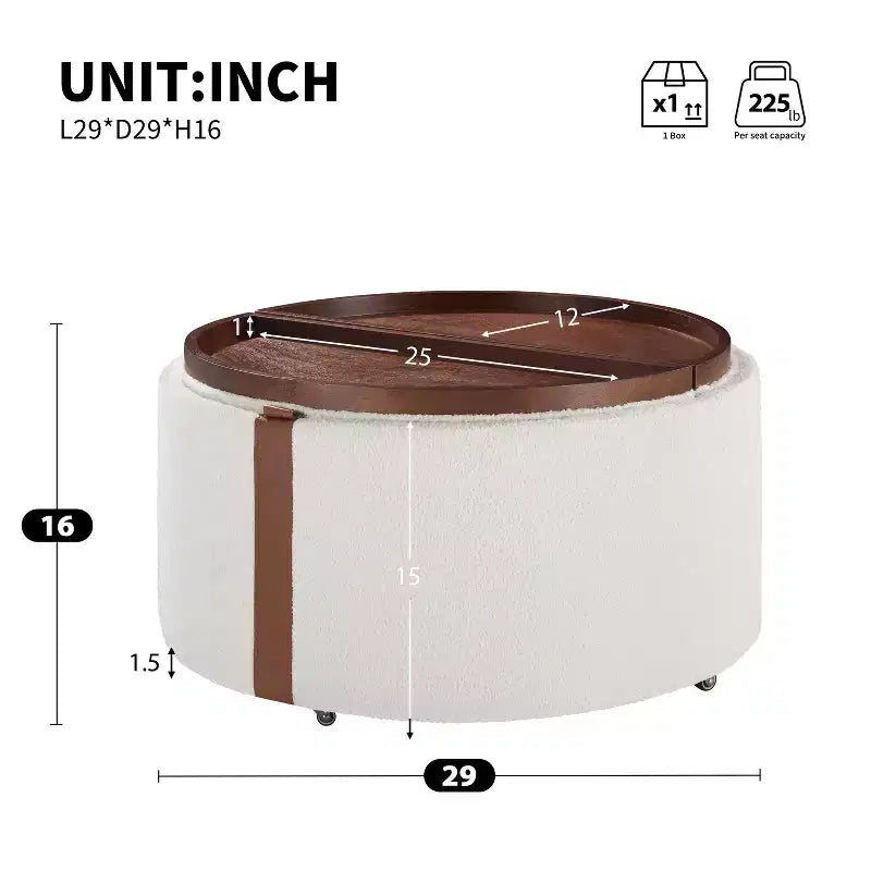 Pouf contenitore rotondo in legno, imbottito, stile moderno contemporaneo Bennett con rotelle e coperchi vassoio reversibili