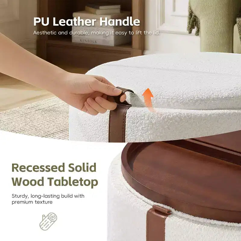 Pouf contenitore rotondo in legno, imbottito, stile moderno contemporaneo Bennett con rotelle e coperchi vassoio reversibili