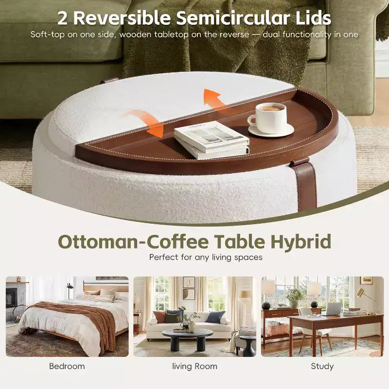 Pouf contenitore rotondo in legno, imbottito, stile moderno contemporaneo Bennett con rotelle e coperchi vassoio reversibili
