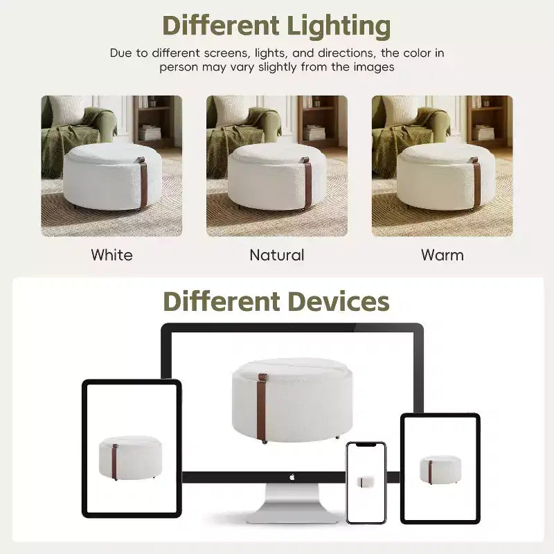 Pouf contenitore rotondo in legno, imbottito, stile moderno contemporaneo Bennett con rotelle e coperchi vassoio reversibili